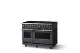 48"W. Dual Fuel Range (Burner: 8b, Finish: Cast Black, Trim: Brushed Brass, Fuel: Natural Gas)
