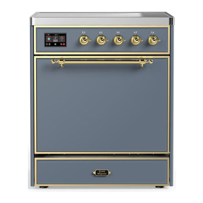 ILVE UMIB30QNR3BGG Majestic III 30 inch Induction Range with 4 Elements, 4 cu. ft. Oven Capacity (Solid Door, Blue Grey, Brass)