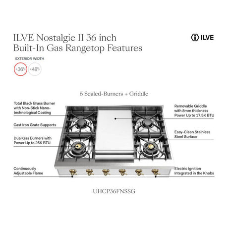 ILVE UHCP36FNSSP Nostalgie II 36 inch Built-In Gas Rangetop with 6 Burners and Griddle, in Stainless Steel (Natural Gas, Copper)