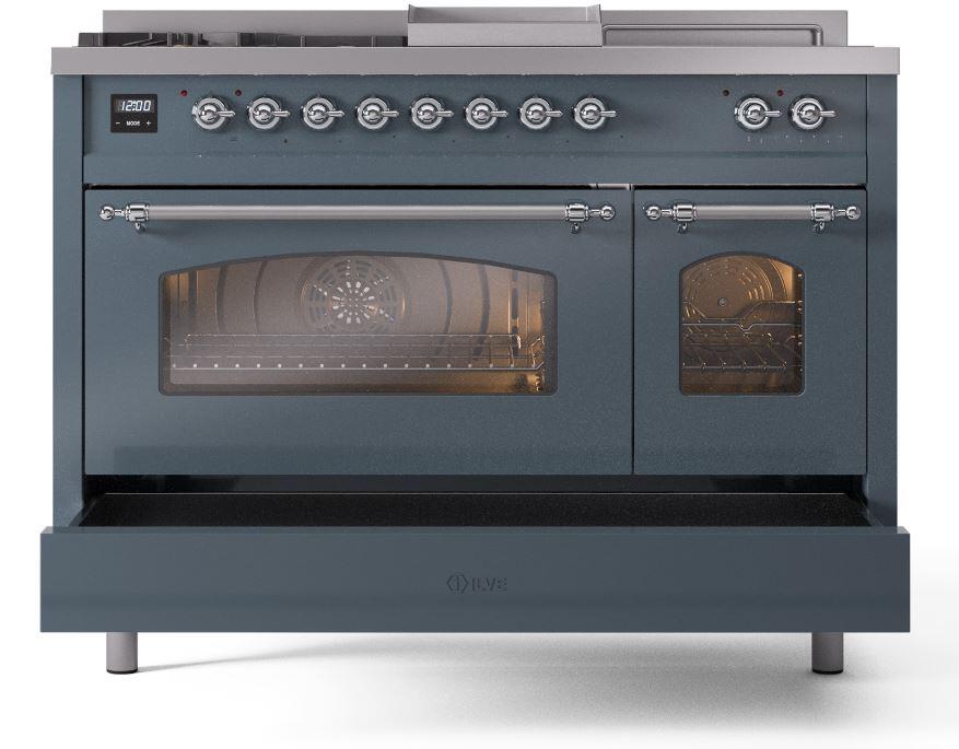 Nostalgie II 48 Inch Dual Fuel Liquid Propane Freestanding Range in Blue Grey with Chrome Trim