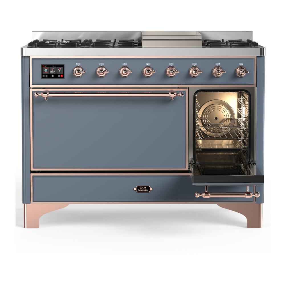 ILVE UM48FQNR3BGP Majestic III 48 inch Dual Fuel Range with 8 Burners and Griddle, Dual Function Burner up to 25,000 BTU (Natural Gas, Solid Door, Blue Grey, Copper)