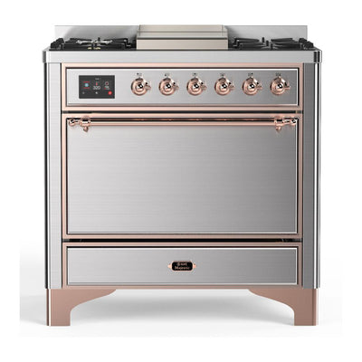 ILVE UM36FQNR3SSPLP Majestic III 36 inch Dual Fuel Range with 6 Black Brass Burners and Griddle, Dual Function Burner up to 25,000 BTU (Solid Door, Stainless Steel, Copper, Liquid Propane)