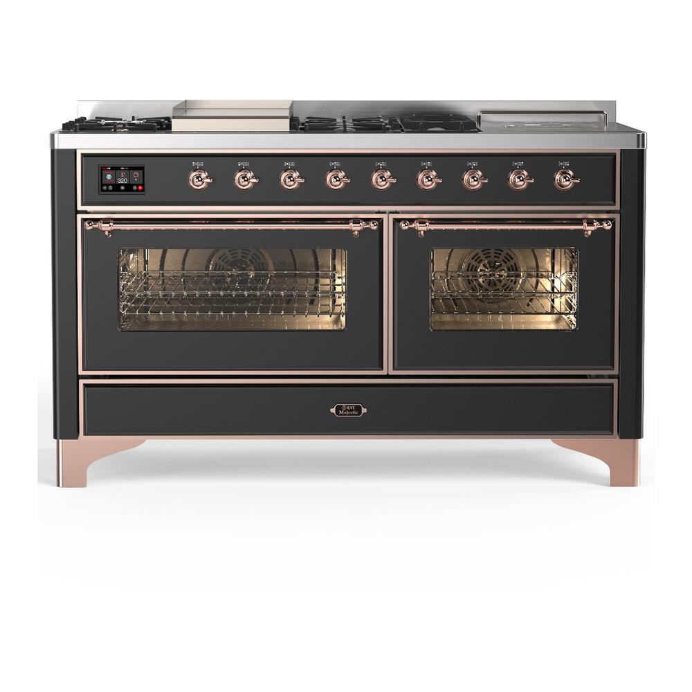 ILVE UM60FSNR3MGP Majestic III 60 inch Dual Fuel Range with 7 Burners, Griddle and French Top, Dual Function Burner with up to 25,000 BTU (Natural Gas, Triple Glass Door, Graphite Matte, Copper)