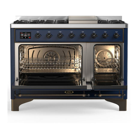 ILVE UM48FNR3MBB Majestic III 48 inch Dual Fuel Range with 8 Burners and Griddle, Dual Function Burner up to 25,000 BTU (Natural Gas, Triple Glass Door, Midnight Blue, Burnished)
