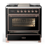 ILVE UM36FNR3BKPLP Majestic III 36 inch Dual Fuel Range with 6 Black Brass Burners and Griddle, Dual Function Burner up to 25,000 BTU (Triple Glass Door, Glossy Black, Copper, Liquid Propane)