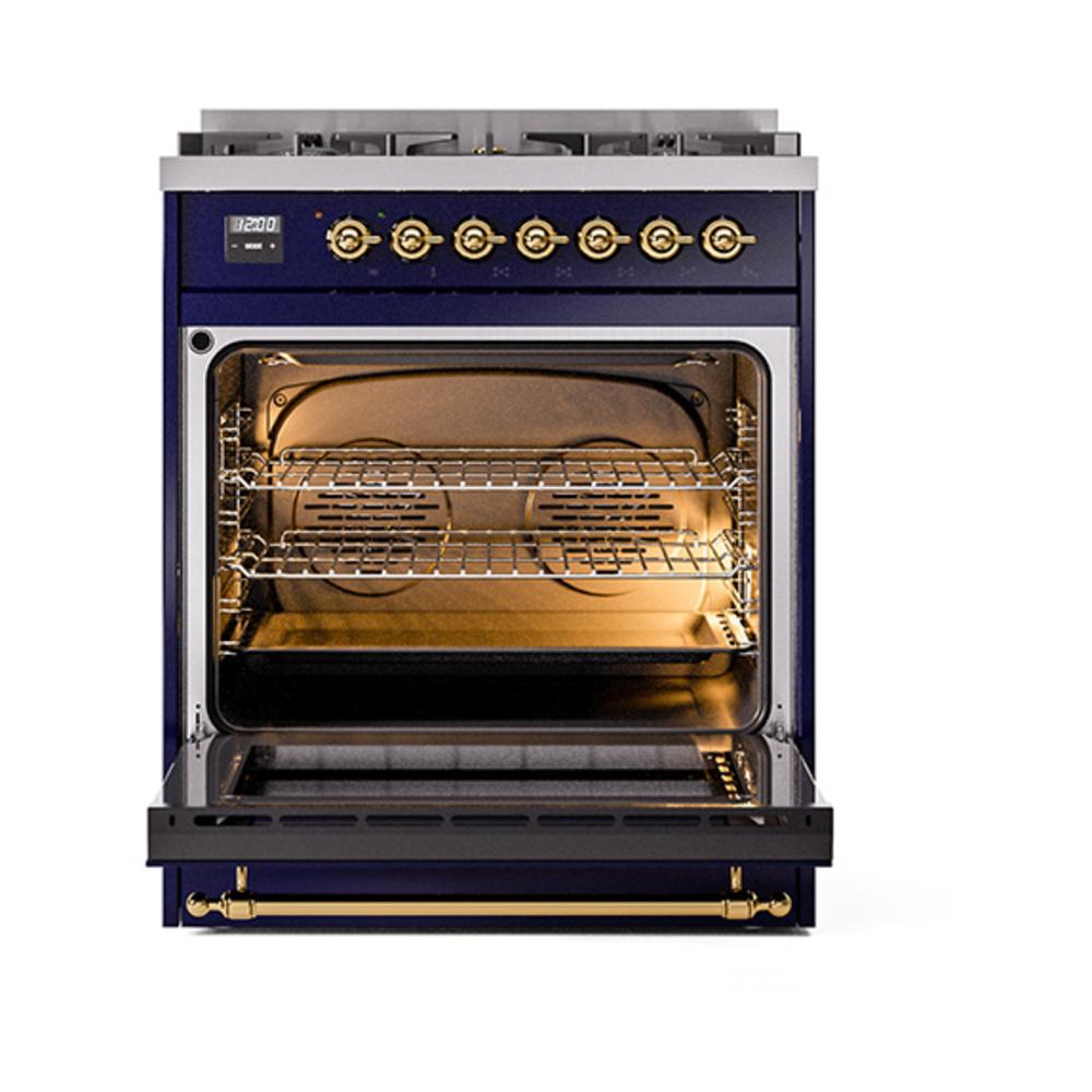 ILVE UN30NMPMBG Nostalgie II Noblesse 30 inch Dual Fuel Range (Natural Gas, Triple Glass Door, Midnight Blue, Brass)