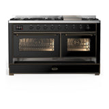 ILVE UM60FNR3BKBLP Majestic III 60 inch Dual Fuel Range with 9 Burners and Griddle, Dual Function Burner up to 25,000 BTU (Liquid Propane, Triple Glass Door, Glossy Black, Burnished)