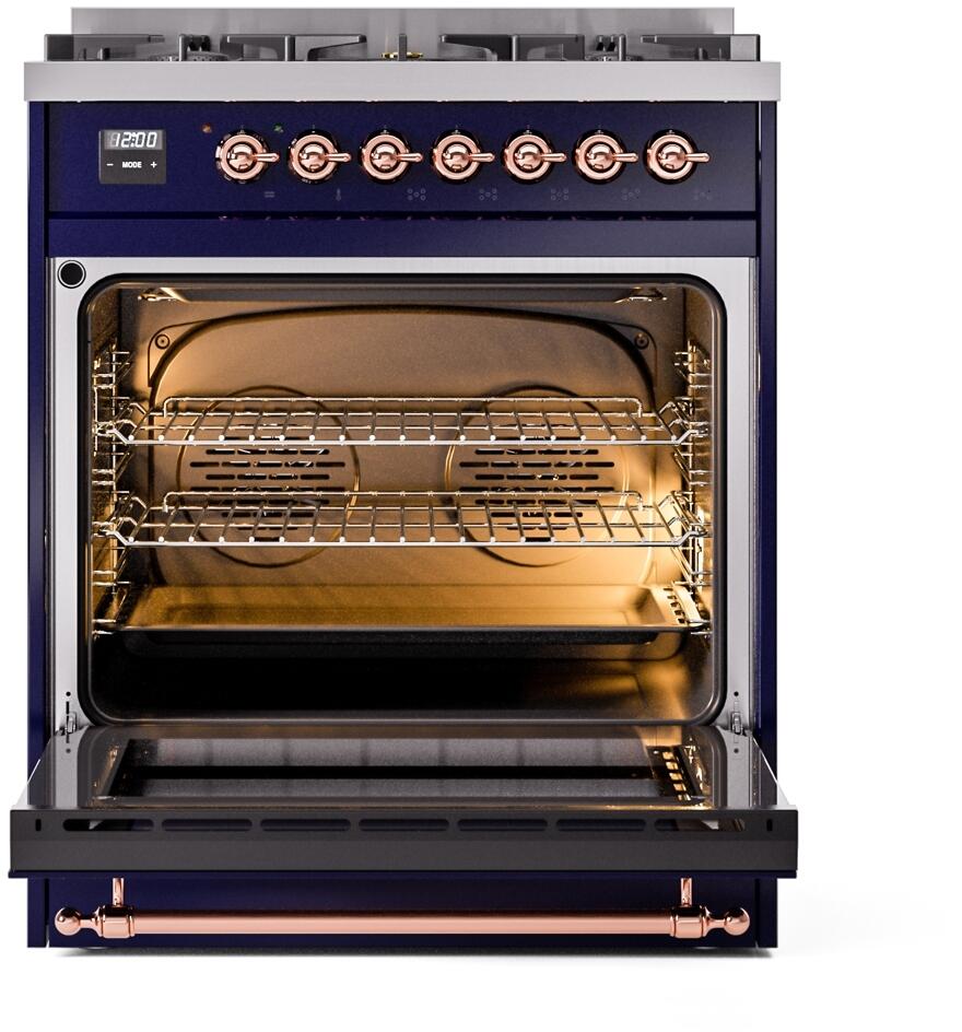 Nostalgie II 30 Inch Dual Fuel Natural Gas Freestanding Range in Blue with Copper Trim