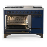 ILVE UM48FQNR3MBBLP Majestic III 48 inch Dual Fuel Range with 8 Burners and Griddle, Dual Function Burner up to 25,000 BTU (Liquid Propane, Solid Door, Midnight Blue, Burnished)