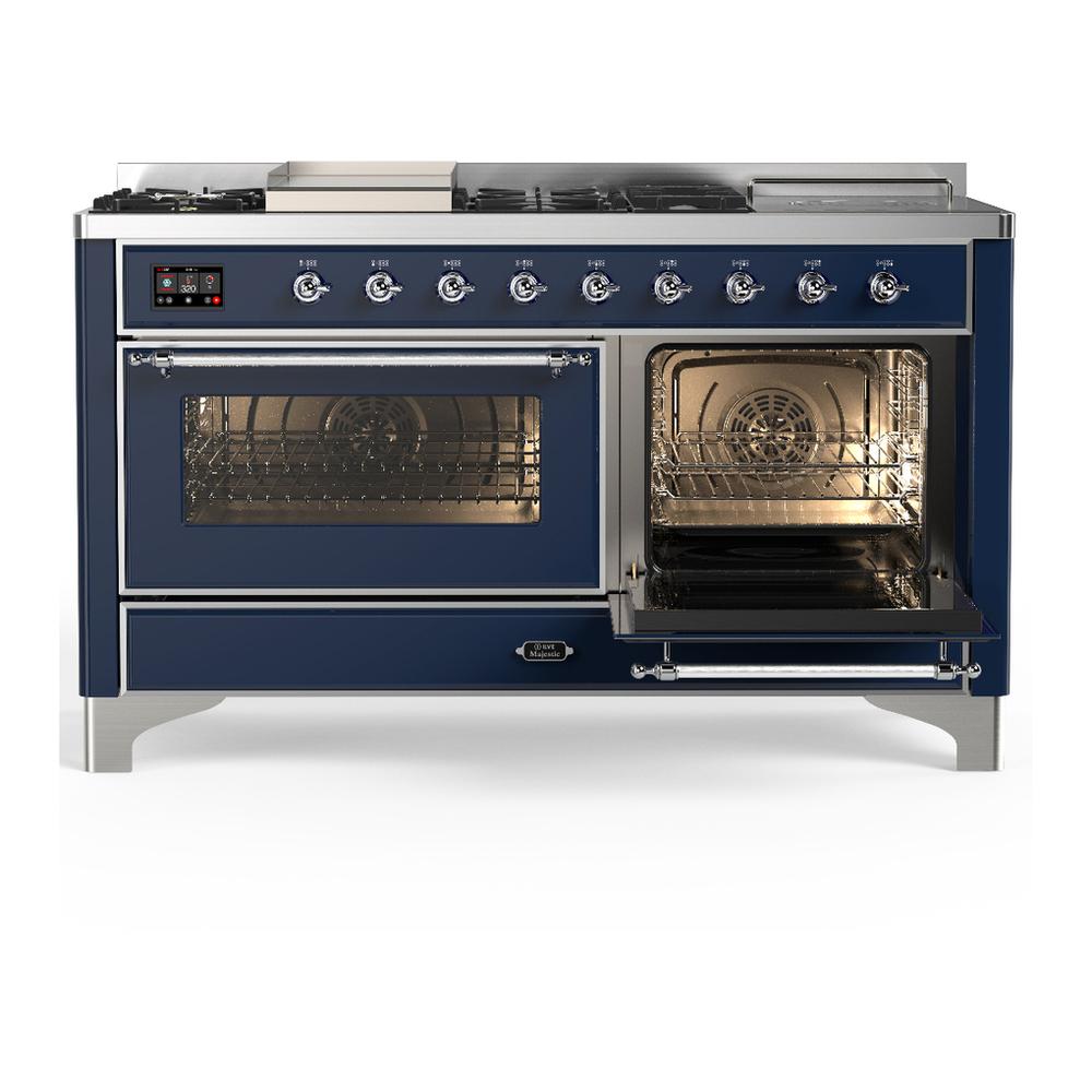 ILVE UM60FSNR3MBCLP Majestic III 60 inch Dual Fuel Range with 7 Burners, Griddle and French Top, Dual Function Burner with up to 25,000 BTU (Liquid Propane, Triple Glass Door, Midnight Blue, Chrome)