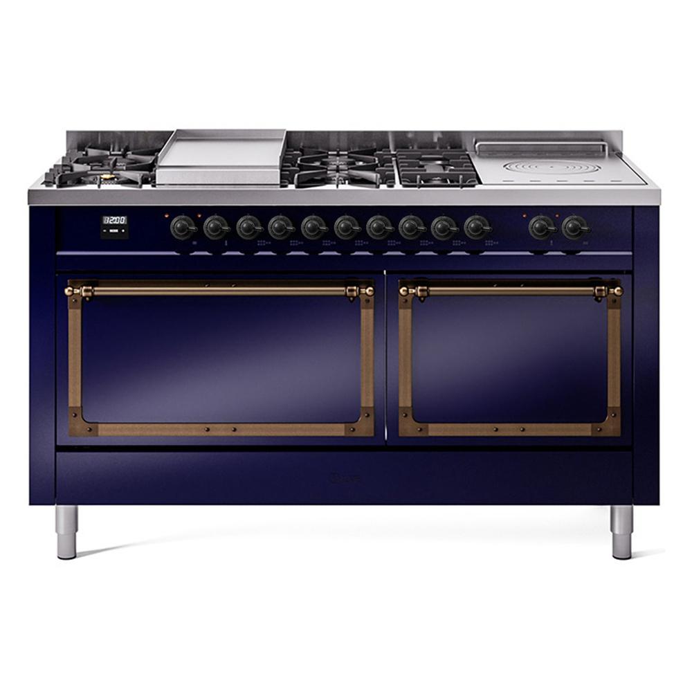 ILVE UN60FSQNMPMBB Nostalgie II Noblesse 60 inch Dual Fuel Range (7 Sealed Burners + Griddle + French Top, Natural Gas, Solid Door, Midnight Blue, Burnished)