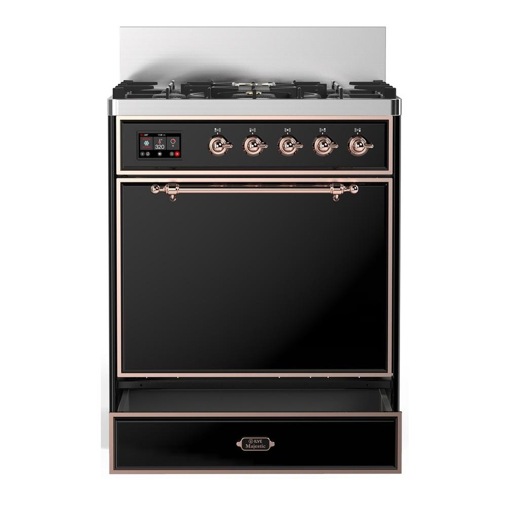 ILVE UM30QNR3BKPLP Majestic III 30 inch Dual Fuel Range with 5 Black Brass Burners, Dual Function Burner up to 25,000 BTU (Liquid Propane, Solid Door, Glossy Black, Copper)