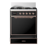 ILVE UM30QNR3BKPLP Majestic III 30 inch Dual Fuel Range with 5 Black Brass Burners, Dual Function Burner up to 25,000 BTU (Liquid Propane, Solid Door, Glossy Black, Copper)