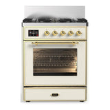 ILVE UM30NR3AWG Majestic III 30 inch Dual Fuel Range with 5 Black Brass Burners, Dual Function Burner up to 25,000 BTU (Natural Gas, Triple Glass Door, Antique White, Brass)
