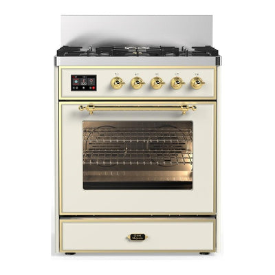 ILVE UM30NR3AWG Majestic III 30 inch Dual Fuel Range with 5 Black Brass Burners, Dual Function Burner up to 25,000 BTU (Natural Gas, Triple Glass Door, Antique White, Brass)