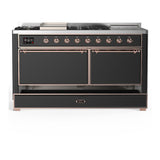 ILVE UM60FSQNR3MGP Majestic III 60 inch Dual Fuel Range with 7 Burners, Griddle and French Top, Dual Function Burner with up to 25,000 BTU (Natural Gas, Solid Door, Graphite Matte, Copper)