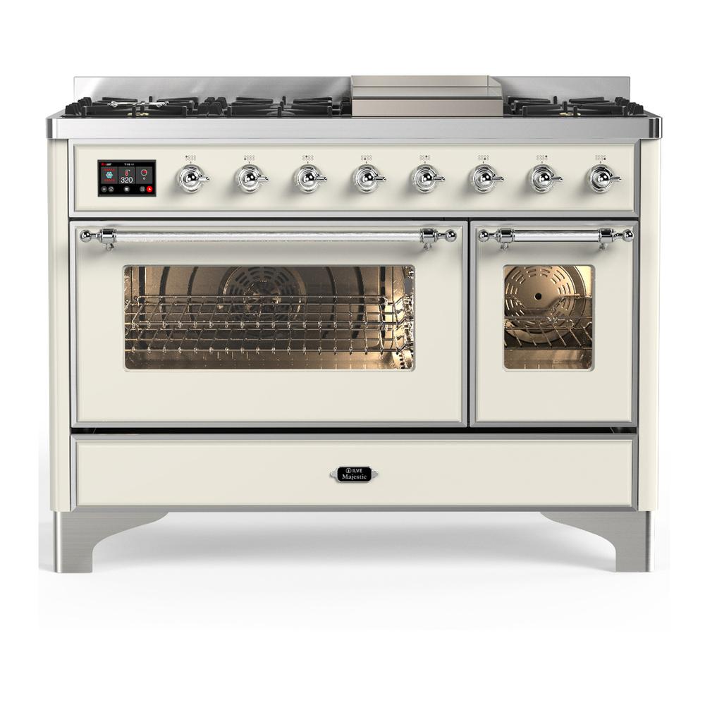 ILVE UM48FNR3AWCLP Majestic III 48 inch Dual Fuel Range with 8 Burners and Griddle, Dual Function Burner up to 25,000 BTU (Liquid Propane, Triple Glass Door, Antique White, Chrome)