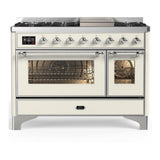 ILVE UM48FNR3AWCLP Majestic III 48 inch Dual Fuel Range with 8 Burners and Griddle, Dual Function Burner up to 25,000 BTU (Liquid Propane, Triple Glass Door, Antique White, Chrome)