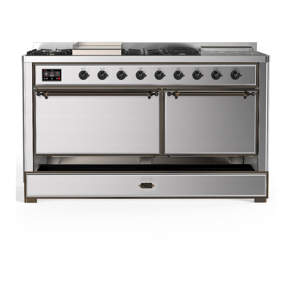 ILVE UM60FSQNR3SSB Majestic III 60 inch Dual Fuel Range with 7 Burners, Griddle and French Top, Dual Function Burner with up to 25,000 BTU (Natural Gas, Solid Door, Stainless Steel, Burnished)