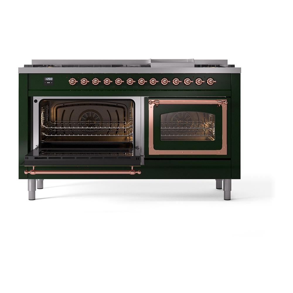 ILVE UN60FNMPEGPLP Nostalgie II Noblesse 60 inch Dual Fuel Range (9 Sealed Burners + Griddle, Liquid Propane, Triple Glass Door, Emerald Green, Copper)