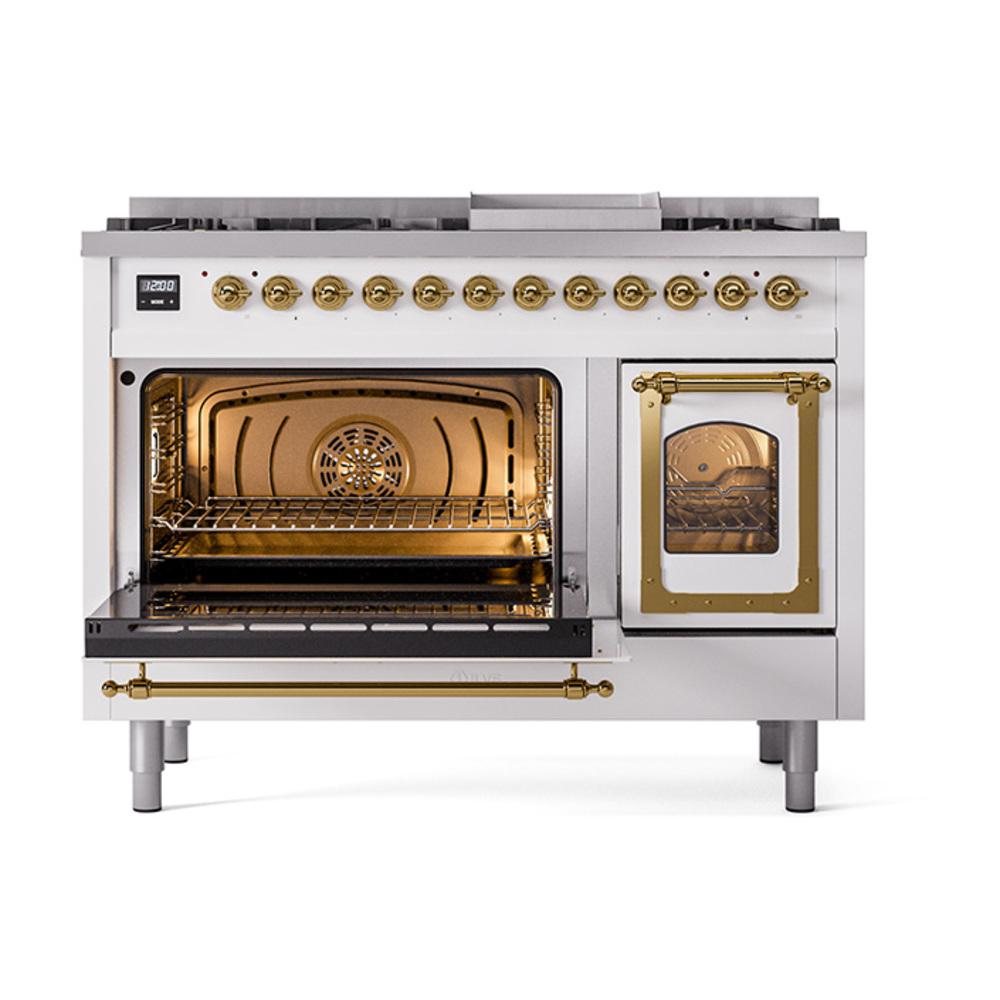 ILVE UN48FNMPWHG Nostalgie II Noblesse 48 inch Dual Fuel Range (8 Sealed Burners + Griddle, Natural Gas, Triple Glass Door, White, Brass)
