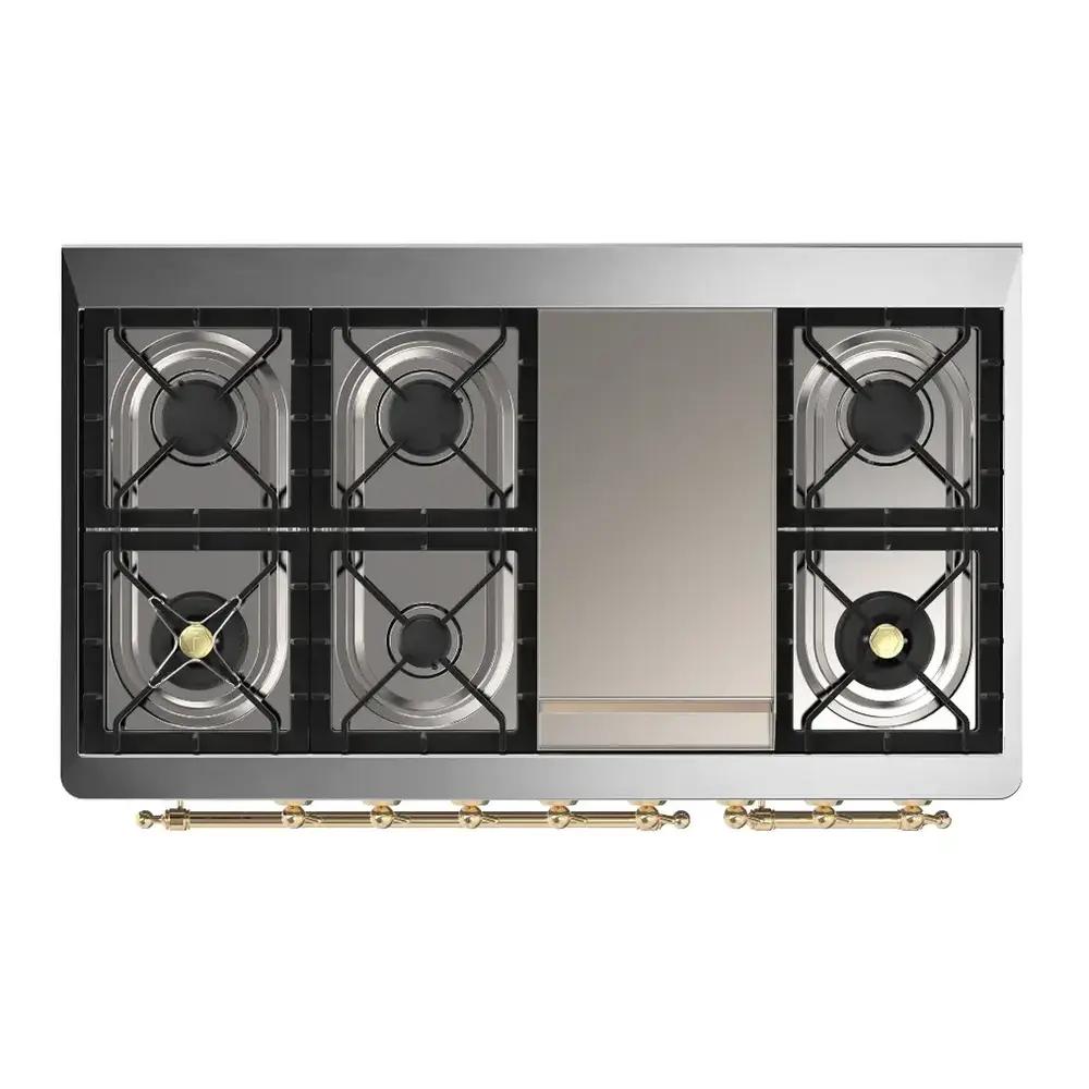 ILVE UM48FNR3RAGLP Majestic III 48 inch Dual Fuel Range with 8 Burners and Griddle, Dual Function Burner up to 25,000 BTU (Liquid Propane, Triple Glass Door, RAL, Brass)