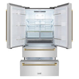 ZLINE Autograph Edition 36 in. 22.5 cu. ft. Counter-Depth French Door Refrigerator with Ice Maker in Fingerprint-Resistant Stainless Steel and Champagne Bronze Helix Handles (RFMZ-36-KCB)