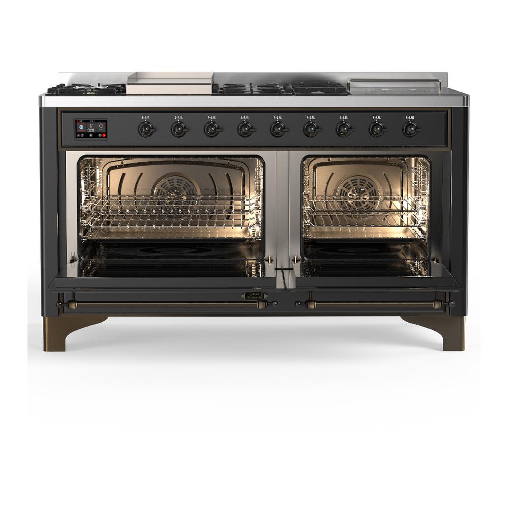 ILVE UM60FSQNR3MGBLP Majestic III 60 inch Dual Fuel Range with 7 Burners, Griddle and French Top, Dual Function Burner with up to 25,000 BTU (Liquid Propane, Solid Door, Graphite Matte, Burnished)