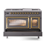 ILVE UN48FNMPMGG Nostalgie II Noblesse 48 inch Dual Fuel Range (8 Sealed Burners + Griddle, Natural Gas, Triple Glass Door, Graphite Matte, Brass)