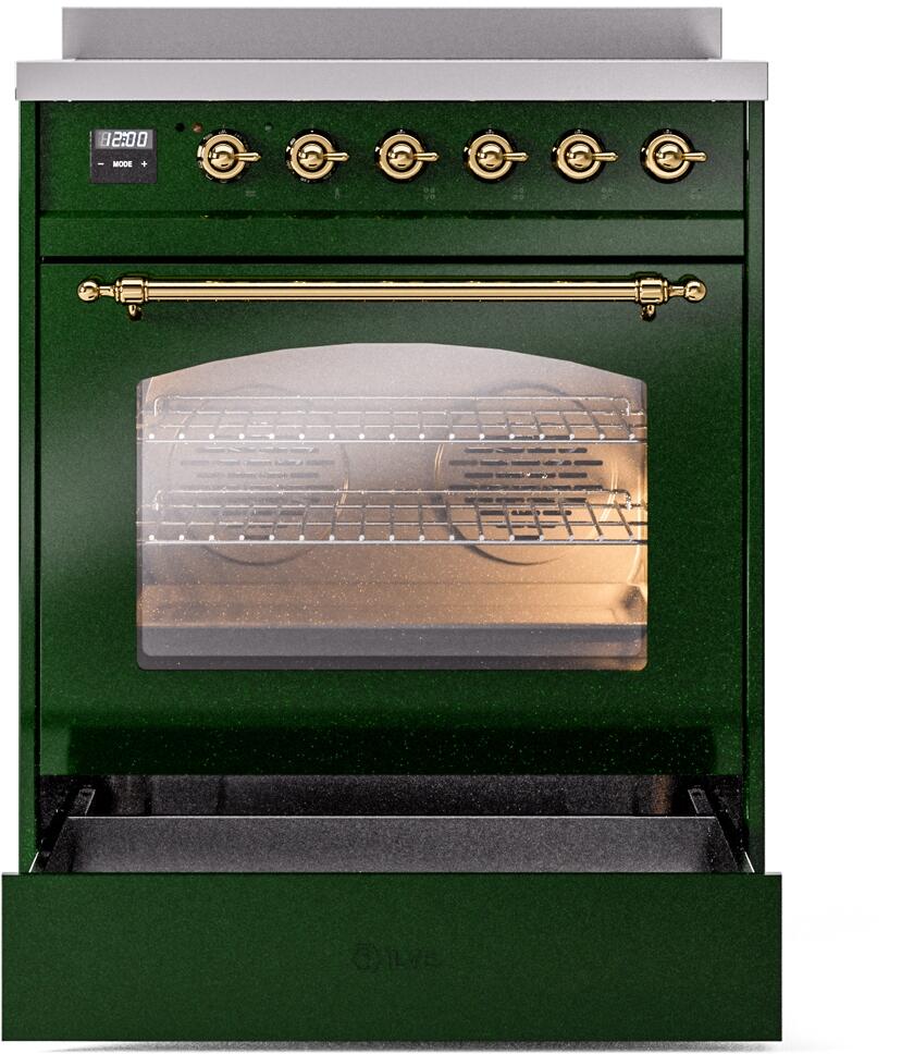 Nostalgie II 30 Inch Electric Freestanding Range in Emerald Green with Brass Trim