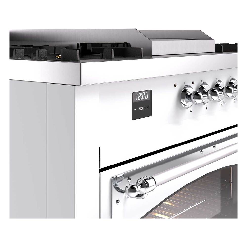 ILVE UN60FSNMPWHC Nostalgie II Noblesse 60 inch Dual Fuel Range (7 Sealed Burners + Griddle + French Top, Natural Gas, Triple Glass Door, White, Chrome)