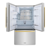 ZLINE 36 in. Autograph Edition 21.6 cu. ft 4-Door French Door Refrigerator with Water and Ice Dispenser in Stainless Steel with Polished Gold Modern Handles (RFMZ-W-36-FG)