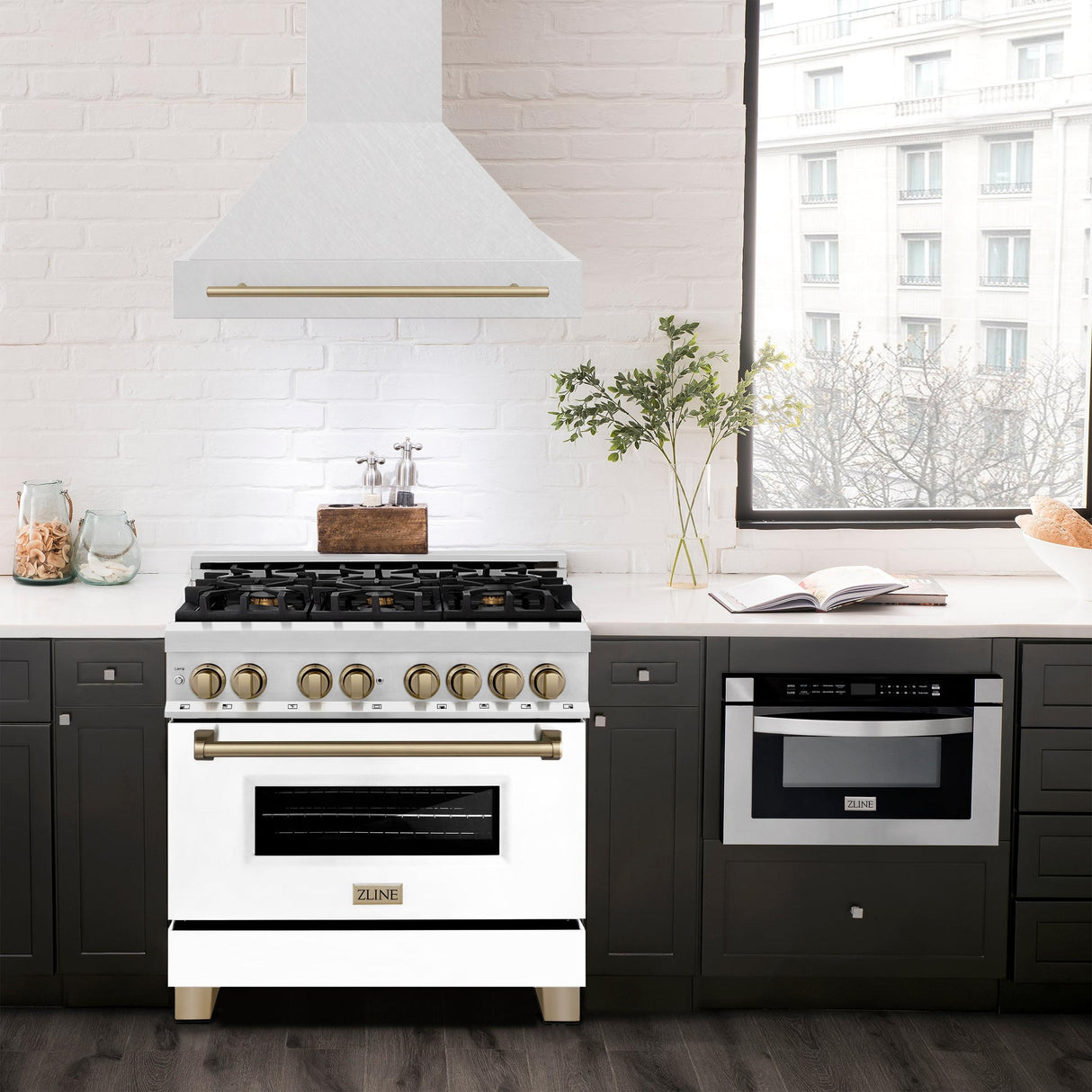 36 in. ZLINE Autograph Edition DuraSnow Stainless Steel Range Hood with Stainless Steel Shell and Colored Handle (8654SNZ-36) [Color: Champagne Bronze]