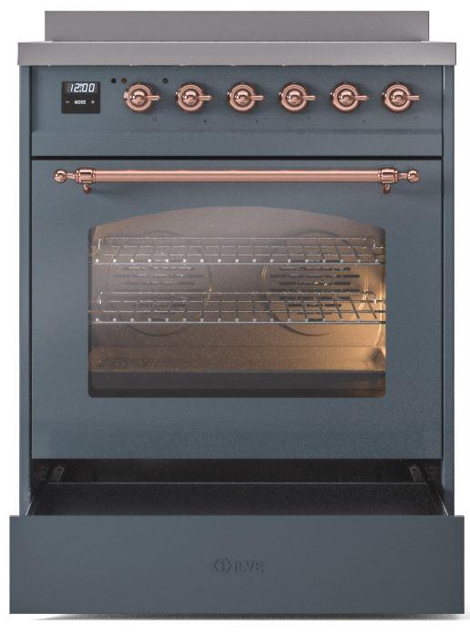 Nostalgie II 30 Inch Electric Freestanding Range in Blue Grey with Copper Trim