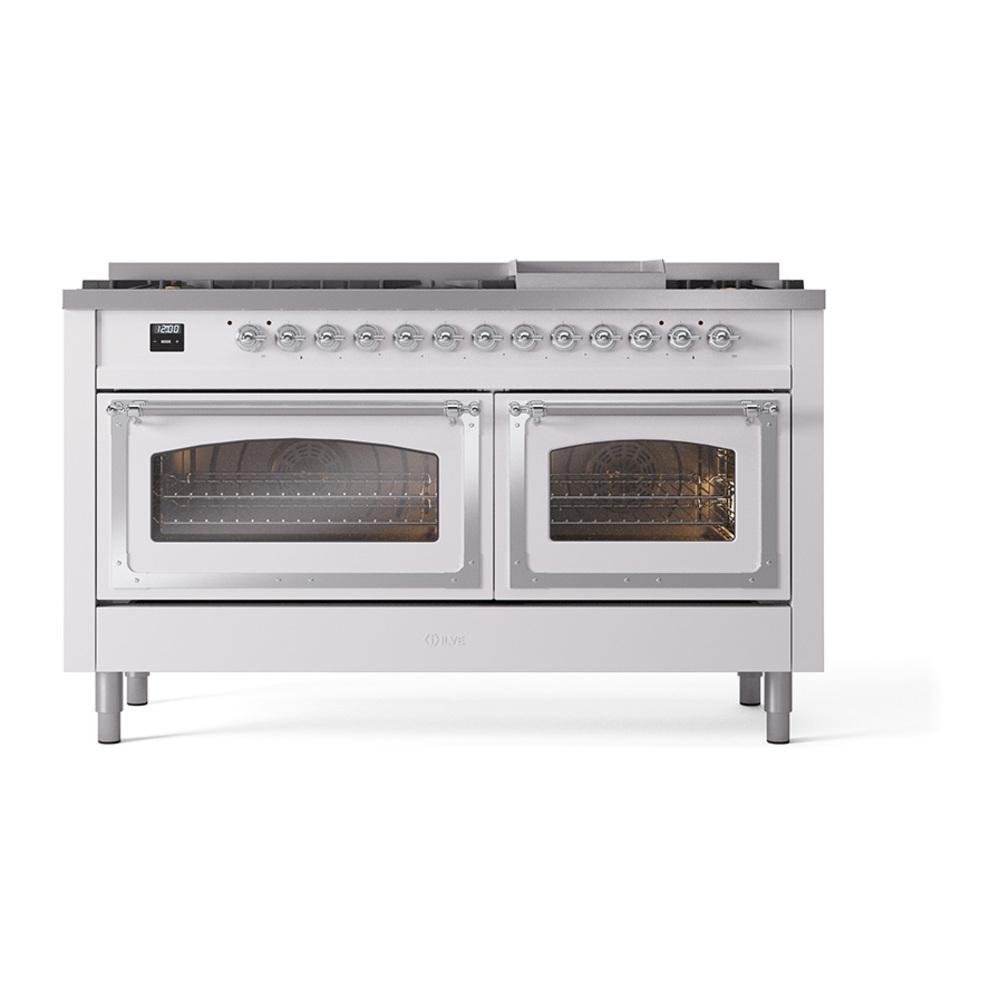 ILVE UN60FNMPWHC Nostalgie II Noblesse 60 inch Dual Fuel Range (9 Sealed Burners + Griddle, Natural Gas, Triple Glass Door, White, Chrome)
