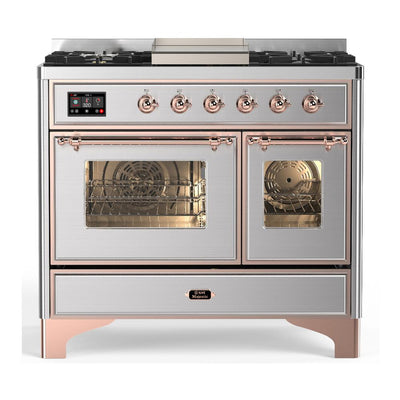 ILVE UMD40FNR3SSPLP Majestic III 40 inch Dual Fuel Range with 6 Burners and Griddle, Dual Function Burner up to 25,000 BTU (Liquid Propane, Triple Glass Door, Stainless Steel, Copper)