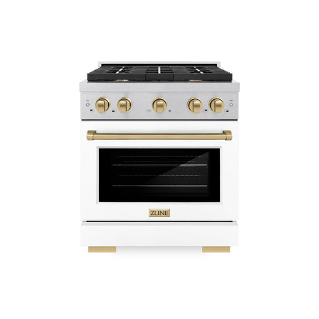 ZLINE Autograph Edition 30 in. 4.2 cu. ft. 4 Burner Gas Range with Convection Gas Oven in DuraSnow' Stainless Steel with White Matte Door and Champagne Bronze Accents (SGRSZ-WM-30-CB)