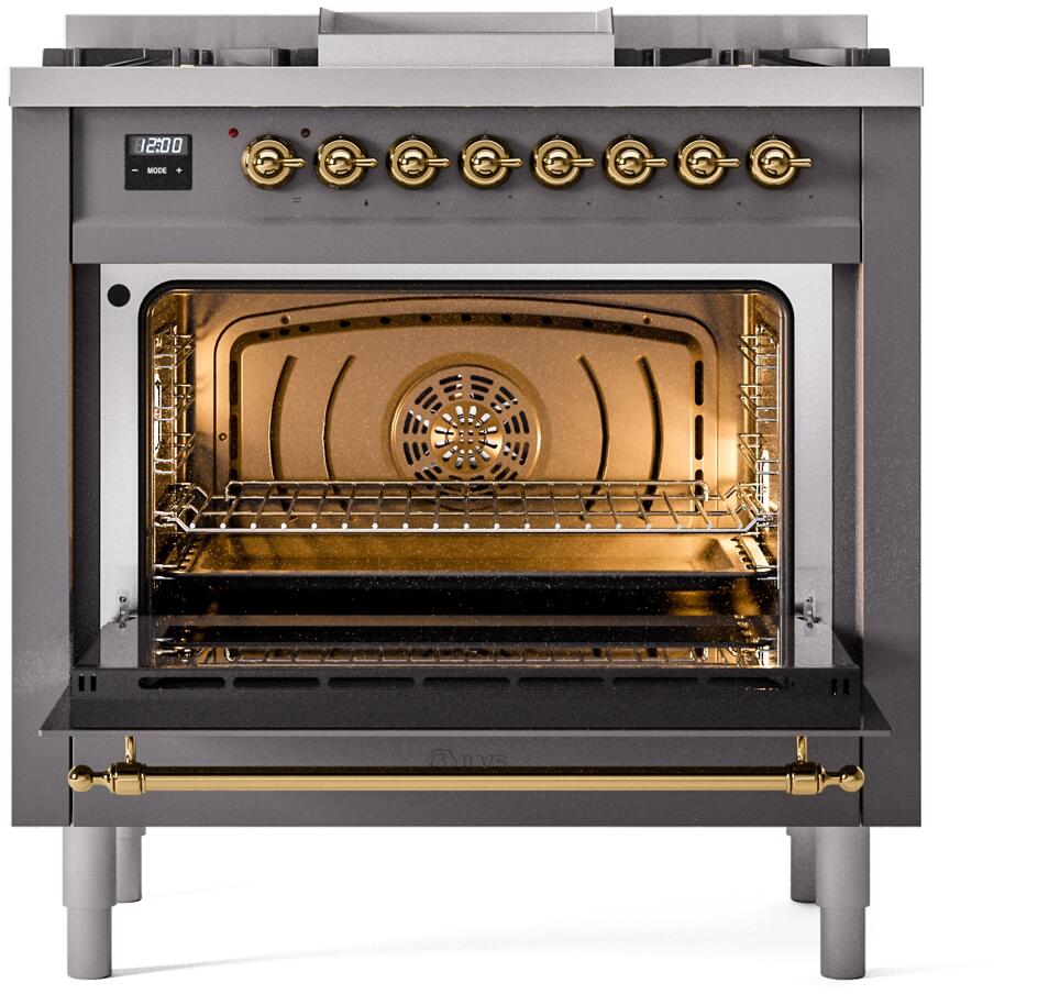 Nostalgie II 36 Inch Dual Fuel Liquid Propane Freestanding Range in Matte Graphite with Brass Trim