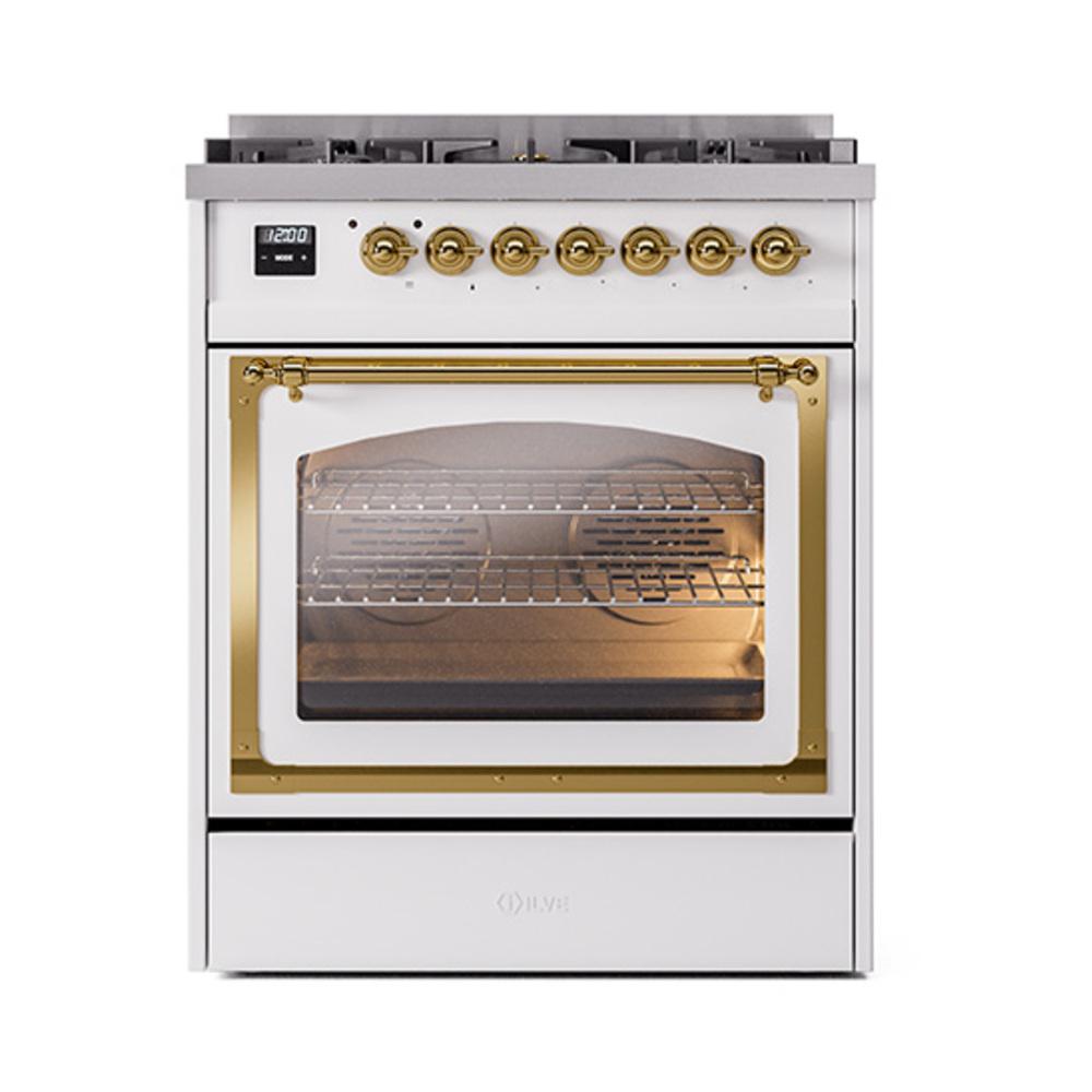ILVE UN30NMPWHG Nostalgie II Noblesse 30 inch Dual Fuel Range (Natural Gas, Triple Glass Door, White, Brass)