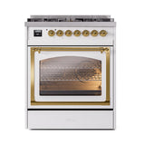 ILVE UN30NMPWHG Nostalgie II Noblesse 30 inch Dual Fuel Range (Natural Gas, Triple Glass Door, White, Brass)