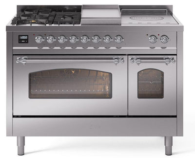 Nostalgie II 48 Inch Dual Fuel Natural Gas Freestanding Range in Stainless Steel with Chrome Trim