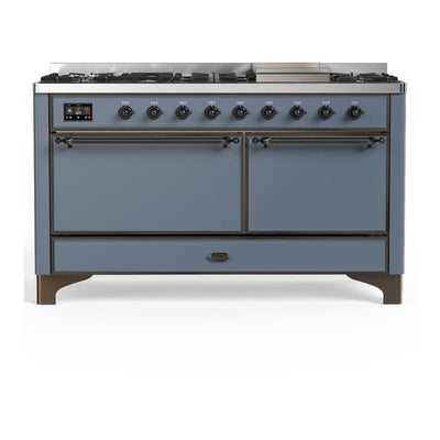 ILVE UM60FQNR3BGBLP Majestic III 60 inch Dual Fuel Range with 9 Burners and Griddle, Dual Function Burner up to 25,000 BTU (Liquid Propane, Solid Door, Blue Grey, Burnished)
