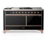 ILVE UM60FSQNR3BKPLP Majestic III 60 inch Dual Fuel Range with 7 Burners, Griddle and French Top, Dual Function Burner with up to 25,000 BTU (Liquid Propane, Solid Door, Glossy Black, Copper)