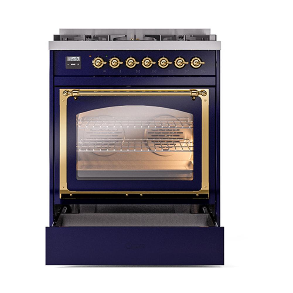 ILVE UN30NMPMBG Nostalgie II Noblesse 30 inch Dual Fuel Range (Natural Gas, Triple Glass Door, Midnight Blue, Brass)