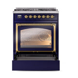 ILVE UN30NMPMBG Nostalgie II Noblesse 30 inch Dual Fuel Range (Natural Gas, Triple Glass Door, Midnight Blue, Brass)