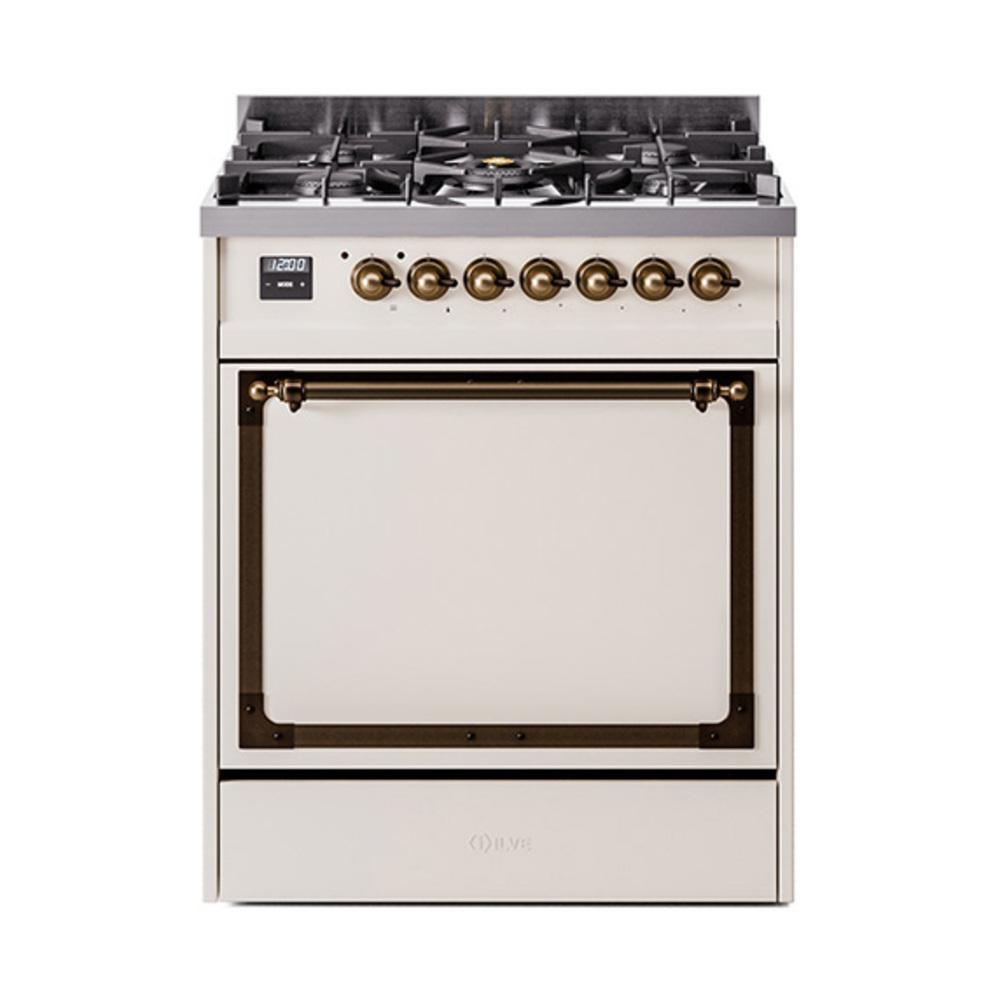 ILVE UN30QNMPAWBLP Nostalgie II Noblesse 30 inch Dual Fuel Range (Liquid Propane, Solid Door, Antique White, Burnished)