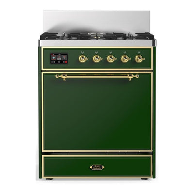 ILVE UM30QNR3EGGLP Majestic III 30 inch Dual Fuel Range with 5 Black Brass Burners, Dual Function Burner up to 25,000 BTU (Liquid Propane, Solid Door, Emerald Green, Brass)