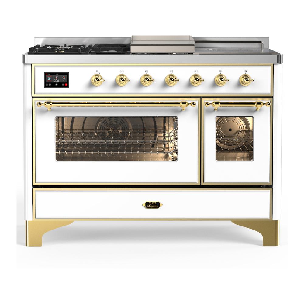 ILVE UM48FSNR3WHG Majestic III 48 inch Dual Fuel Range with 5 Black Brass Burners, Griddle and French Top, Dual Function Burner up to 25,000 BTU (Natural Gas, Triple Glass Door, White, Brass)