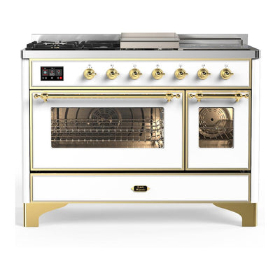 ILVE UM48FSNR3WHG Majestic III 48 inch Dual Fuel Range with 5 Black Brass Burners, Griddle and French Top, Dual Function Burner up to 25,000 BTU (Natural Gas, Triple Glass Door, White, Brass)