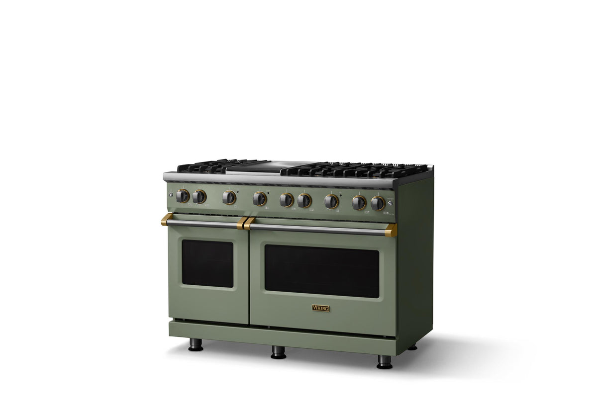 48"W. Sealed Burner Gas Range (Burner: 6g, Finish: Eucalyptus, Trim: Brushed Brass, Fuel: Natural Gas)